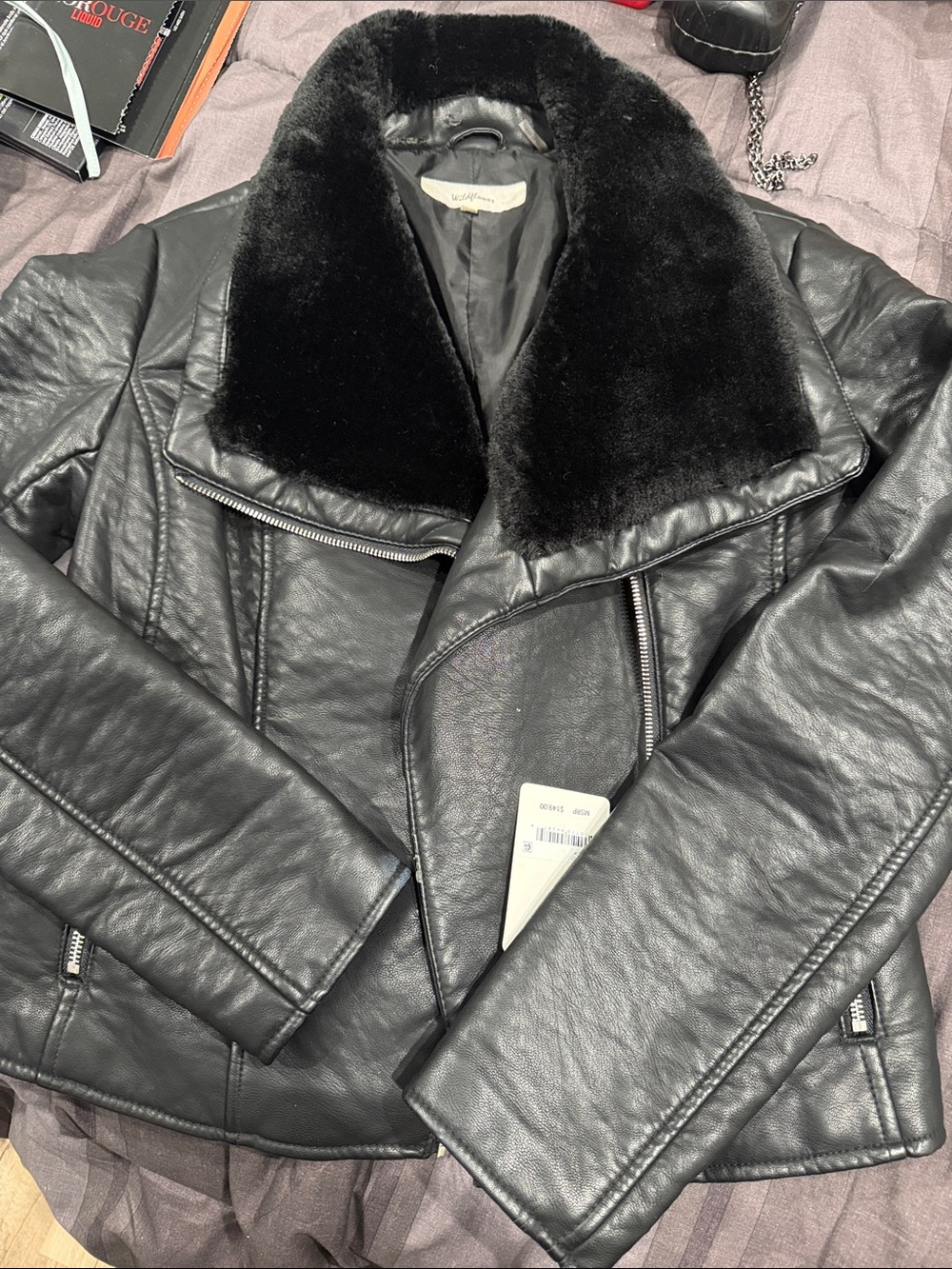 Wildflower Black Faux Leather Jacket with Plush Black Collar
